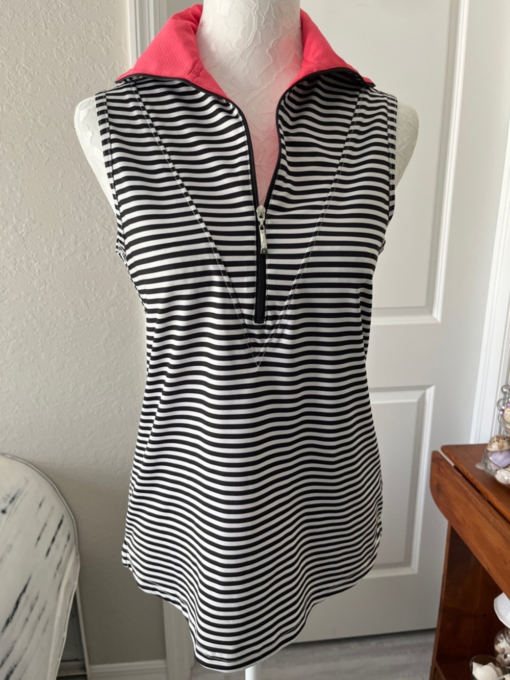 Jofit Black & White Striped Sleeveless Tank with Pink Collar